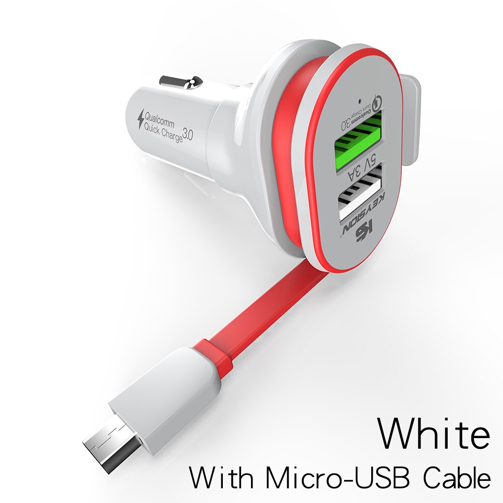 KEYSION-cargador rápido 3,0 para coche, adaptador de viaje para teléfono móvil con Cable, QC 3,0 + 5V/3A, 33W, 2 puertos: White With Micro-USB
