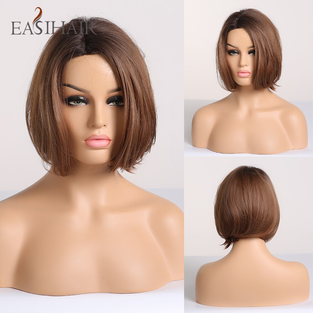 EASIHAIR Brown Ombre Bob Synthetic Wigs with Bangs for Women Medium Length Hair Bob Wig Wavy Heat Resistant Cosplay Wigs: SS132-1
