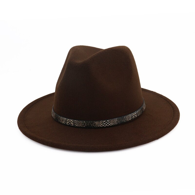 QBHAT femmes hommes à large bord laine feutre chapeau disquette Jazz casquette Panama Fedora chapeaux avec serpent Grain cuir Trilby QB57: coffee