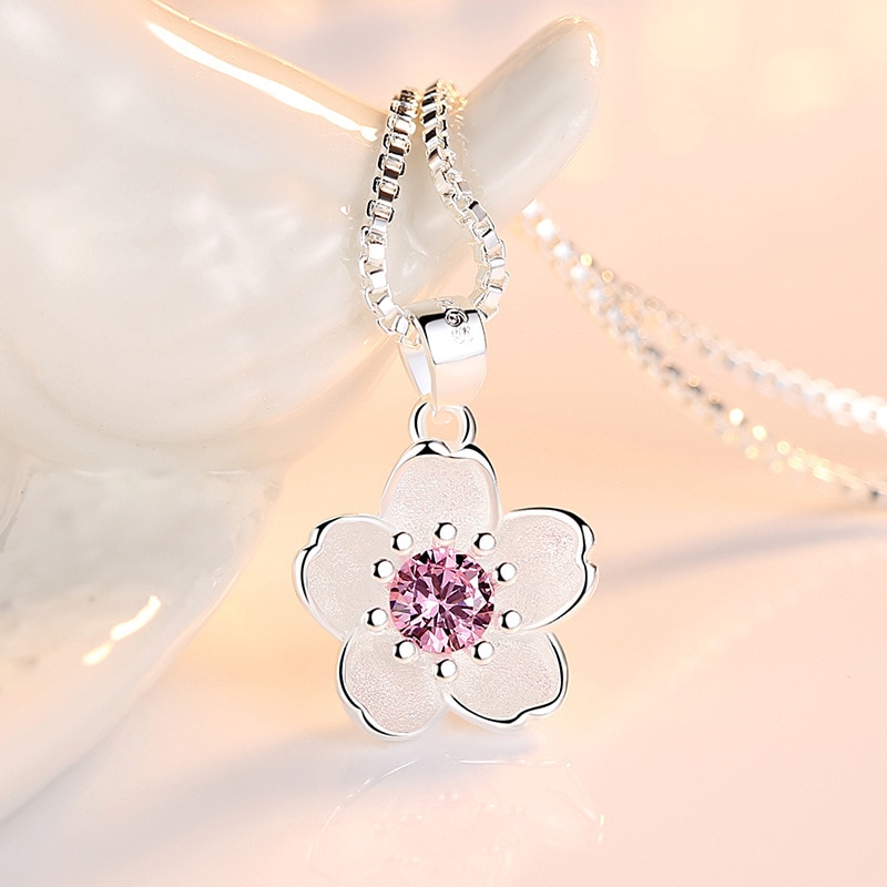 Collares con colgante de flores de cerezo para mujer, de plata de ley cristal brillante, cadena de caja corta para boda, 925