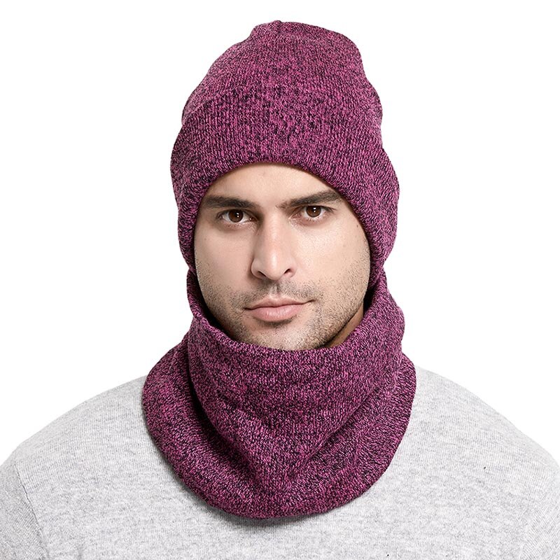 Vinter strikkede hatte tørklæde sæt tykne plus fløjl unisex varme beanies bløde mænd kvinder bomuld solid tørklæde hat kit: Lilla