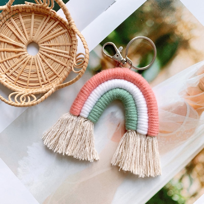 Macrame regnbue nøgleringe boho taske charms med kvaster håndvævet bomuldstilbehør til bilnøgle pung pung hængende dekoration