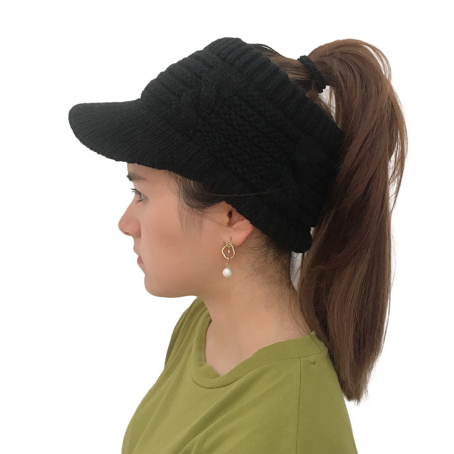 Bonnet queue hiver tricot salissant haute chignon queue de cheval chapeaux visière bonnet en plein air désordre haute chignon casquette cercle foulards: Black