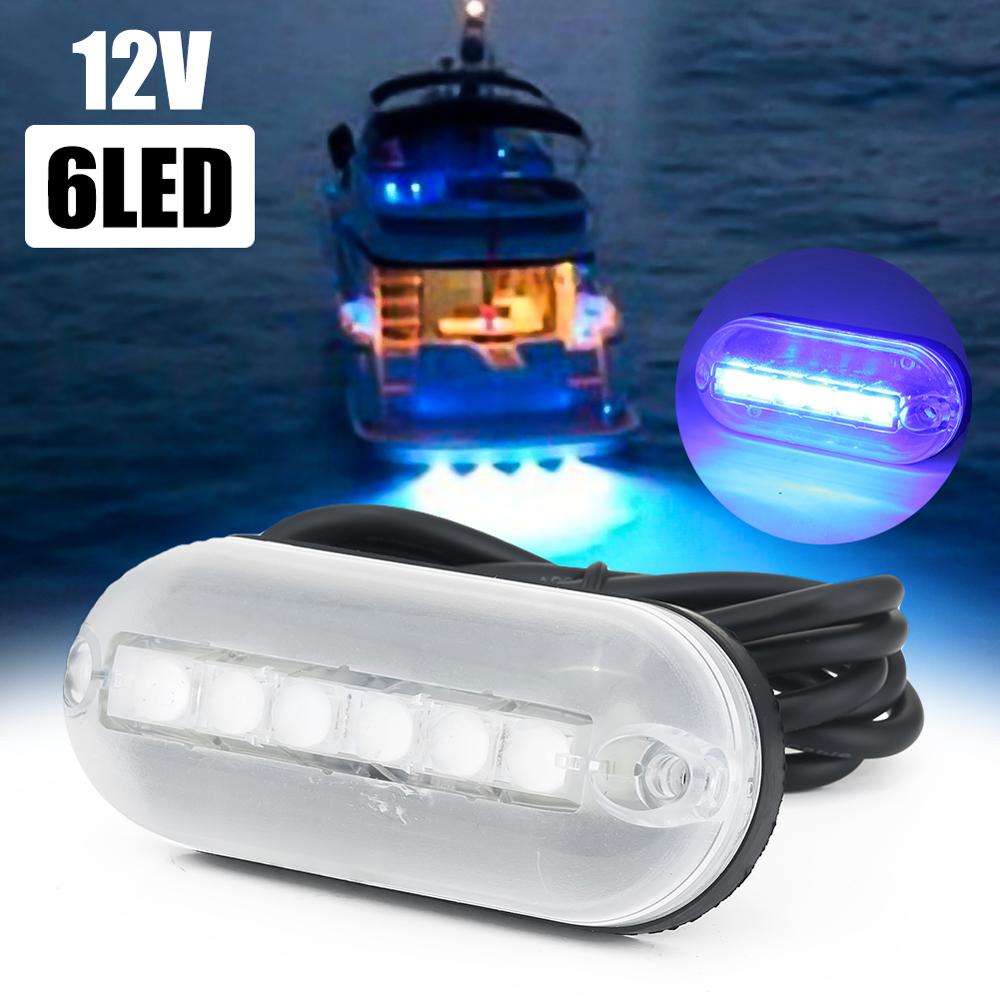 6 ledda undervattensfiske ljus 12v båt natt belysning vatten landskap lampa marin yacht undervattens lampor: Blå