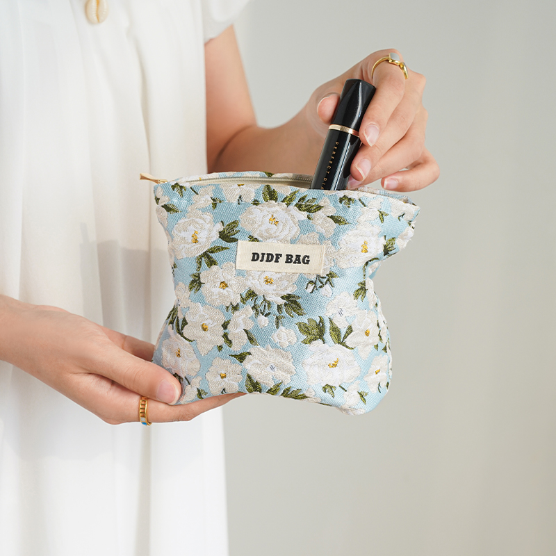 Bolsa de maquillaje para mujer, ramo azul, servilleta sanitaria de gran capacidad, retoque, suministros de maquillaje, bolsa de almacenamiento de lona, neceser: Café