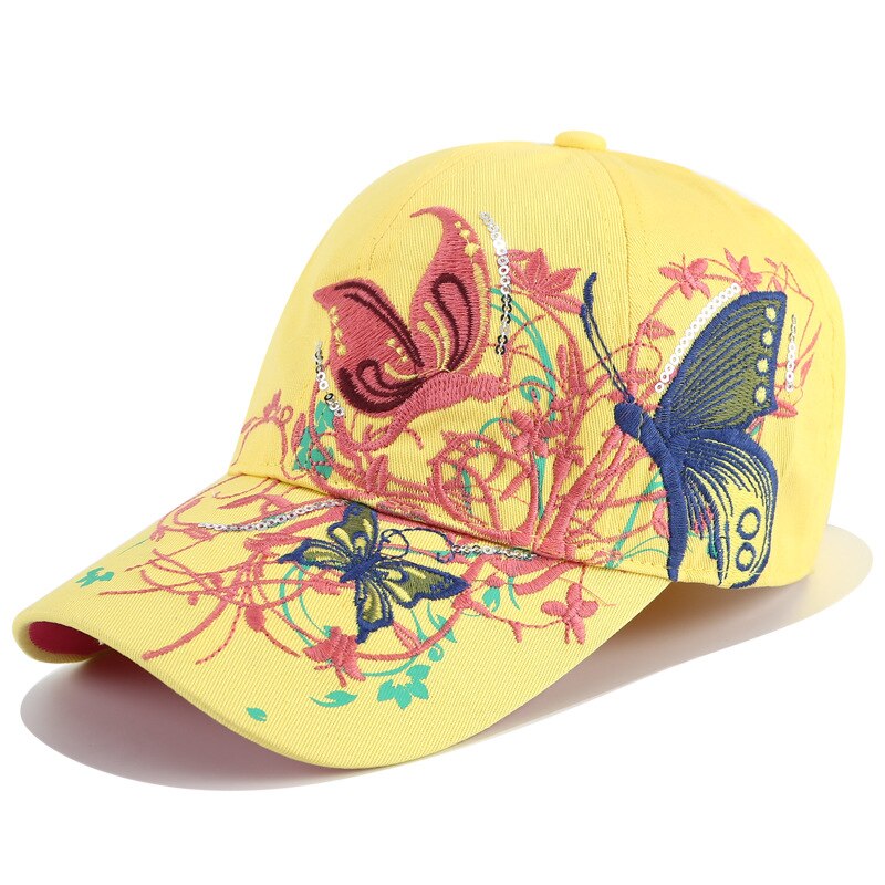 Gorras de béisbol a la para mujer, gorros de béisbol a la de algodón informales para adultos, para exteriores y viajes, Sombreros con bordado de mariposas y flores: Yellow