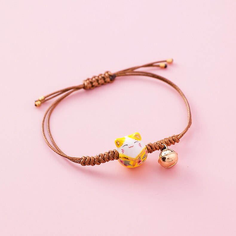 Doreen-pulsera de cuerda de gato de cerámica Kawaii para mujer, brazalete sencillo tejido a mano, cuentas de borla, joyería de de estilo japonés: Big Cat-Brown