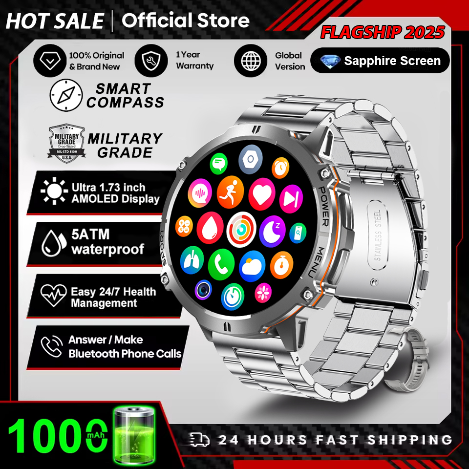 2025 novos homens gps esportes relógio inteligente 1.73 ''amoled bússola freqüência cardíaca 1000mah bateria bluetooth chamada 10atm à prova dwaterproof água smartwatch: Azul