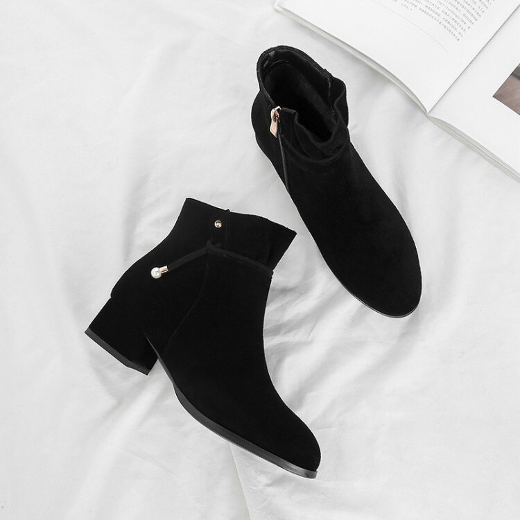 Bottines surdimensionnées en dentelle avec fermeture éclair latérale pour femme, chaussures d'hiver avec pendentif en perle, 11 à 12