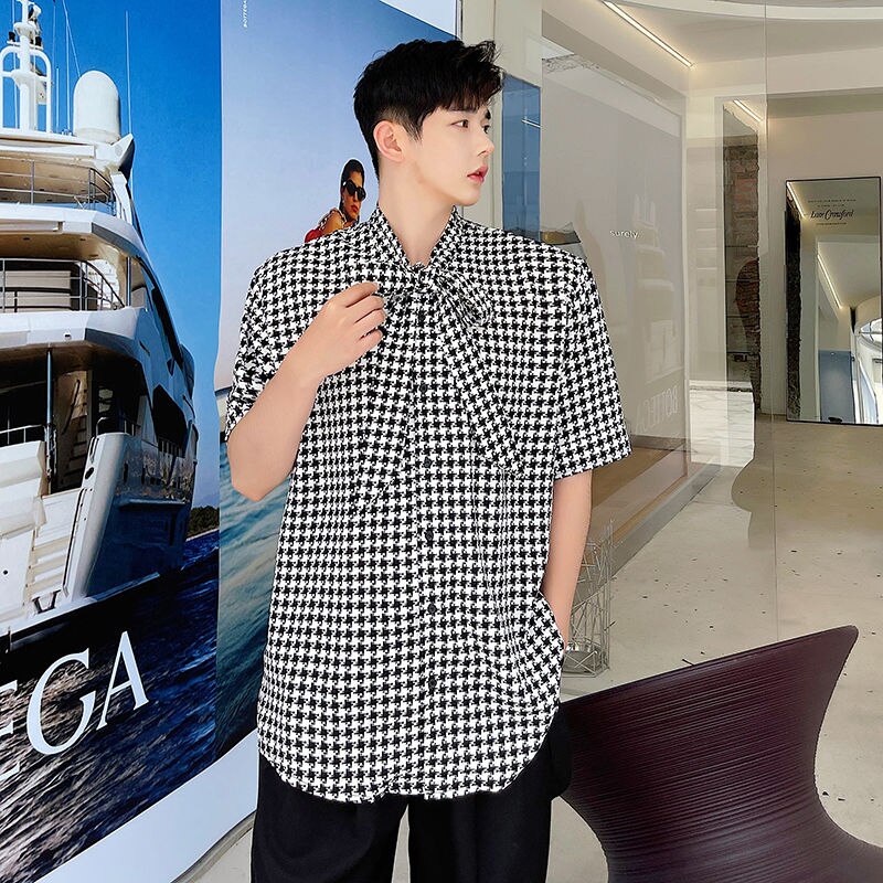 Koreaanse Mode Vintge Plaid Tops Mannelijke 2022 Zomer Mannen Rooster Korte Mouw Boog Lint Shirt Mannen &#39;S
