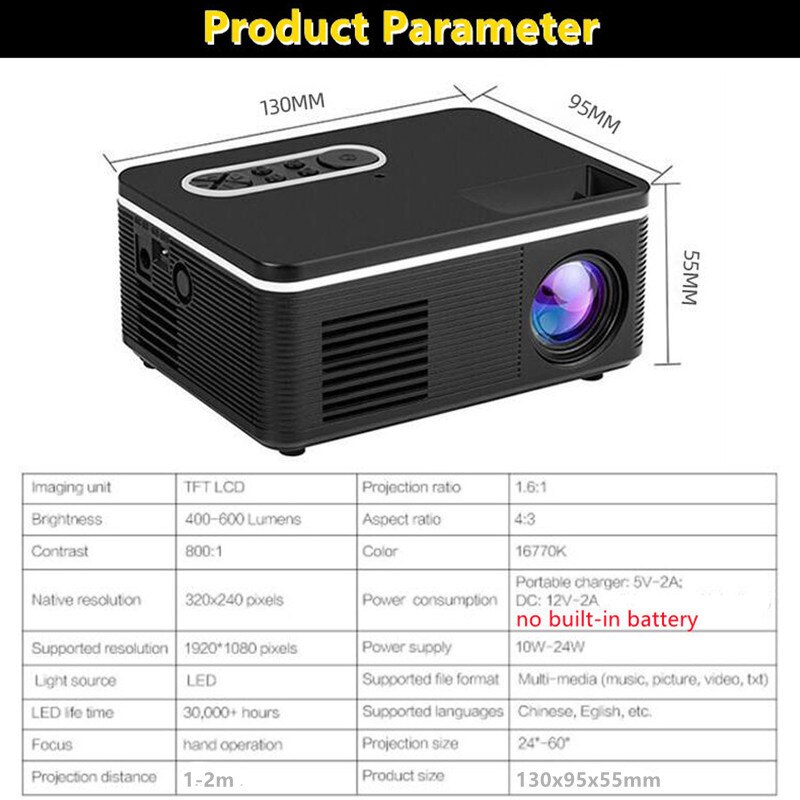 S361 Pro Led Mini Projector 320X240 Pixels Ondersteuning 1080P Hd Hdmi-Compatibel Usb Audio Draagbare Home theater Media Video Player