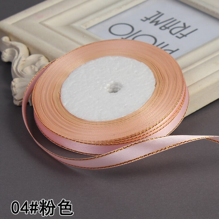 3/8" 10mm 25yards Gold Edges Satin Ribbon Wedding Happy Birthday Box Packaging Decorations DIY Craft Bow: Pink