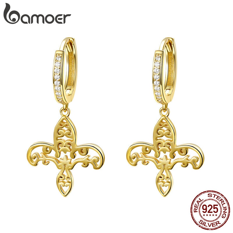 BAMOER Vintage Echt 925 Sterling Silber Iris fleur-de-lis Blume Gold Farbe Frauen Tropfen Ohrringe Ohrringe schmuck SCE535