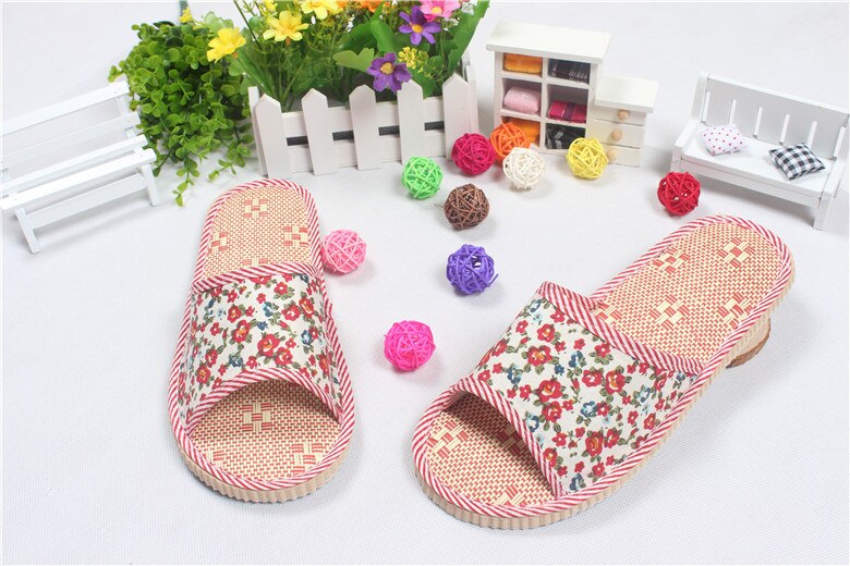 Kleine Bloemen Linnen Stro Mat Thuis Sandalen En Slippers Indoor Vloer Mannen En Vrouwen Paar Thuis Opening Slippers