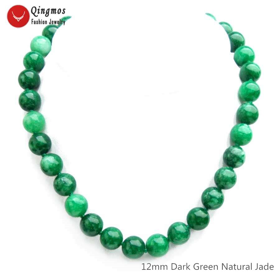 Qingmos Natural 12mm Round Light Green Jades Necklace for Women with Genuine Stone Necklace Chokers 18" Jewelry nec8406: Dark Green