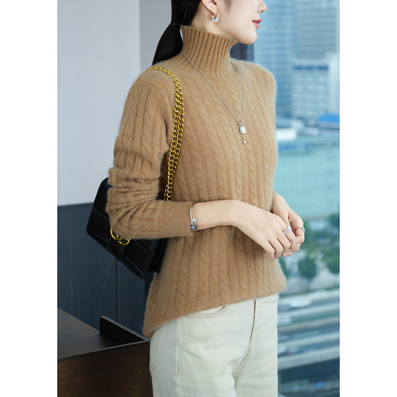 Camisa de fondo de lana pura 100% de Cuello medio alto para mujer, suéter de punto de lana acolchado suelto, otoño e invierno,: S / Oro