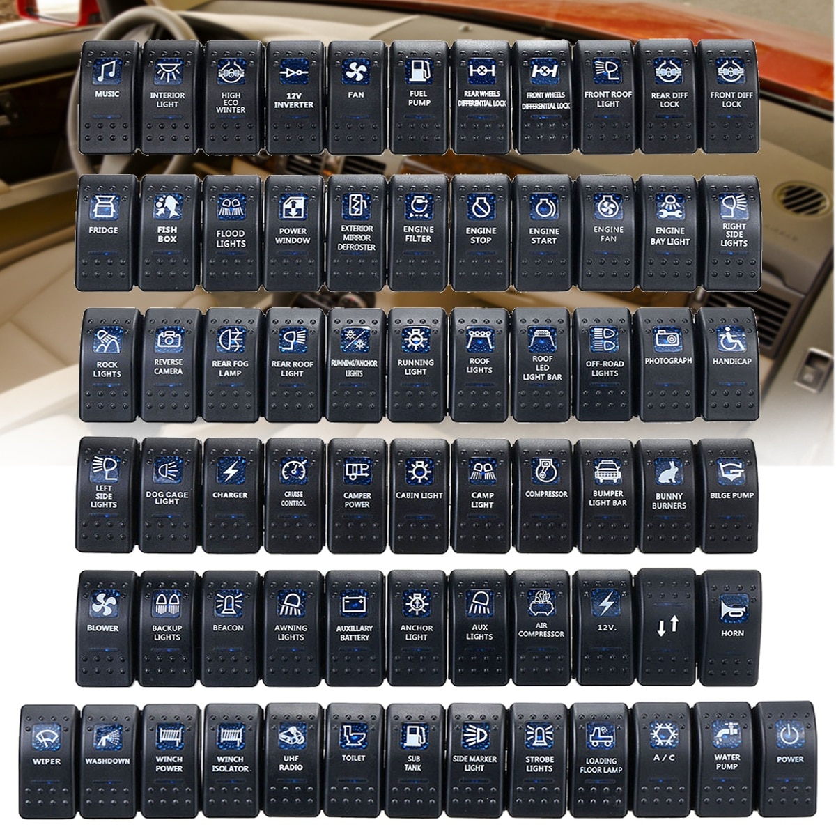 12V 24V Car Boat Caravan Rocker Switches Waterproof Rocker Switch Dual Blue LED Light Bar 4x4 Universal RIGHT Left SIDE LIGHTS