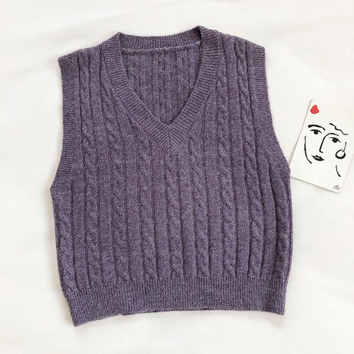 Gagarich Vest Women Autumn Korean Style Solid Color All-match Retro Pattern Knitted Slim V-neck Sleeveless Top Casual: Purple