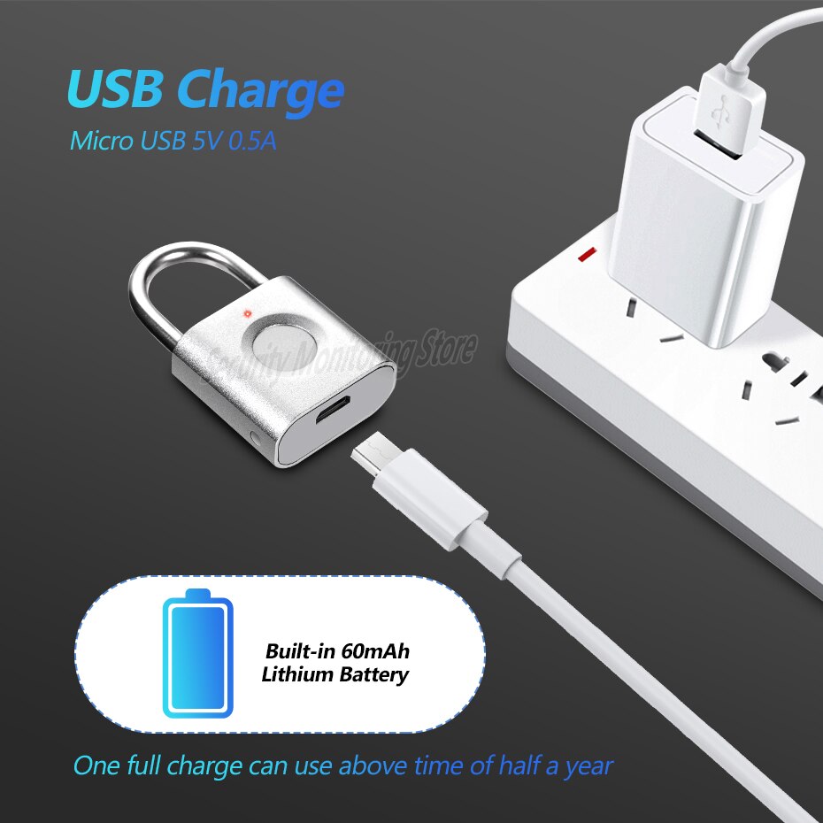 Mini Fingerprint Smart Padlock Keyless USB Rechargeable Door LockQuick Unlock Zinc alloy Metal Security Fingerprint Padlock