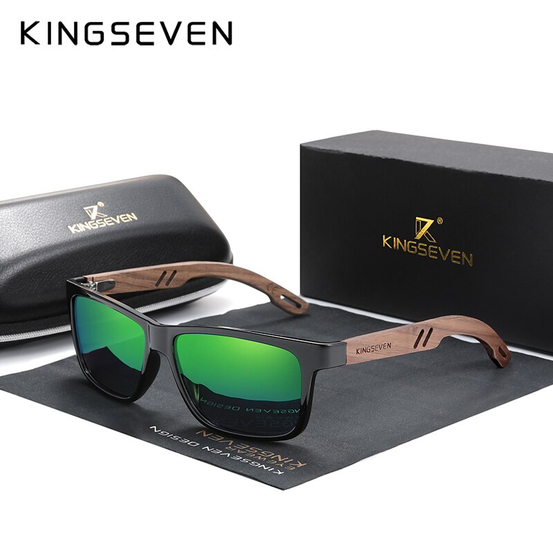 Kingseven 100%  polarisoidut vintage-puiset miesten aurinkolasit, puinen  uv400 suojakerroin, neliönmuotoiset aurinkolasit naisille, gafas de sol: Vihreä