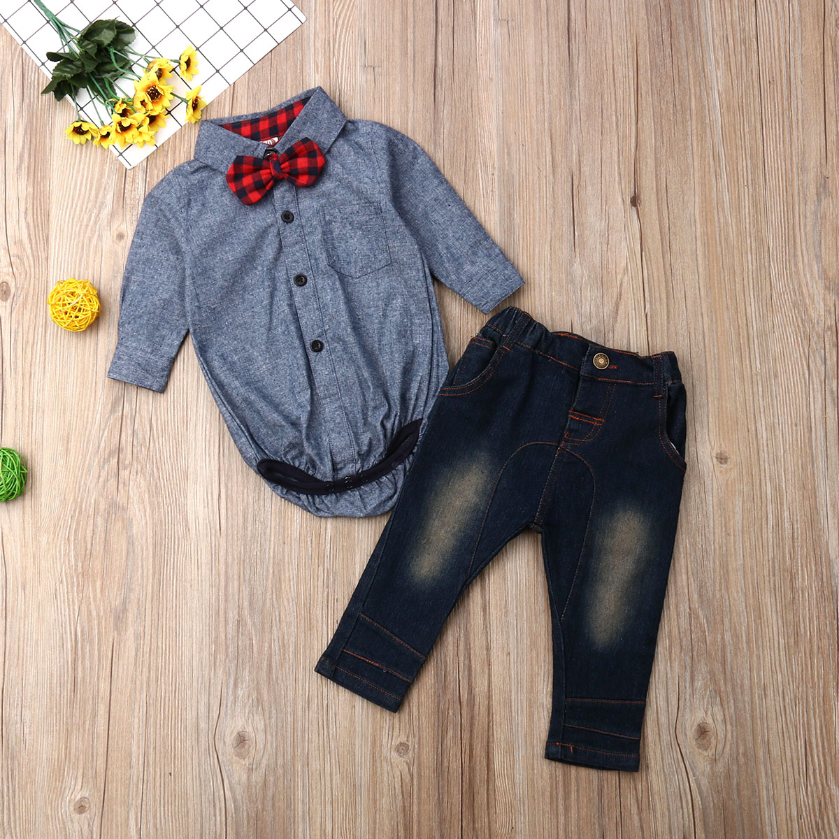 Baby sommer tøj småbørn baby dreng bryllup fest galla skjorte romper denim bukser 2 stk jakkesæt formelt outfit herre tøj