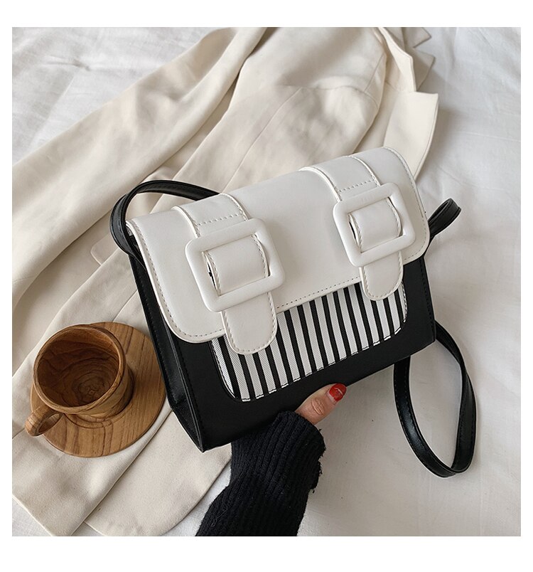 Kvinnelig firkantet crossbody bag leatherwomen håndveske reise skulder messenger bag: Hvite striper