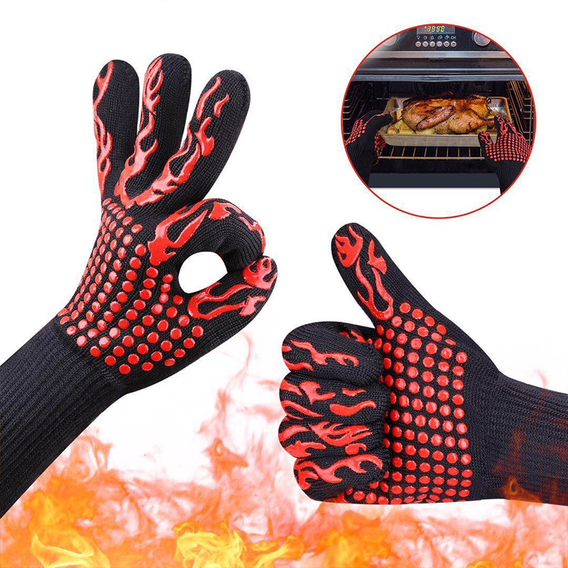 1 stk. bbq-handsker ekstrem varmebestandig foring bomuldsovn til madlavning flammehæmmende anti-skoldede bbq-arbejdshandsker  k1817 j