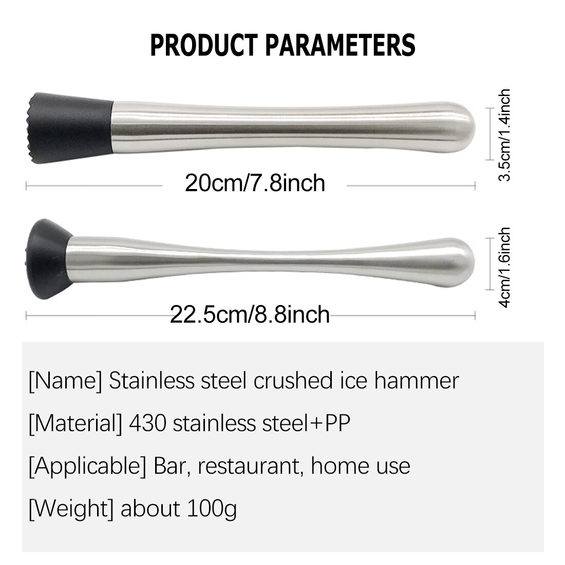 Martillo de hielo triturado de acero inoxidable, herramientas de coctel, mezclador de bebidas Mojito