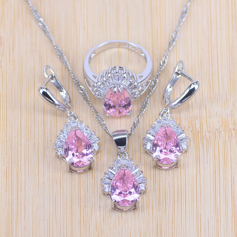 Risenj beaucoup de couleurs goutte d'eau carré blanc cubique zicon couleur argent bijoux boucles d'oreilles anneau collier ensemble pour les femmes: pink / 8