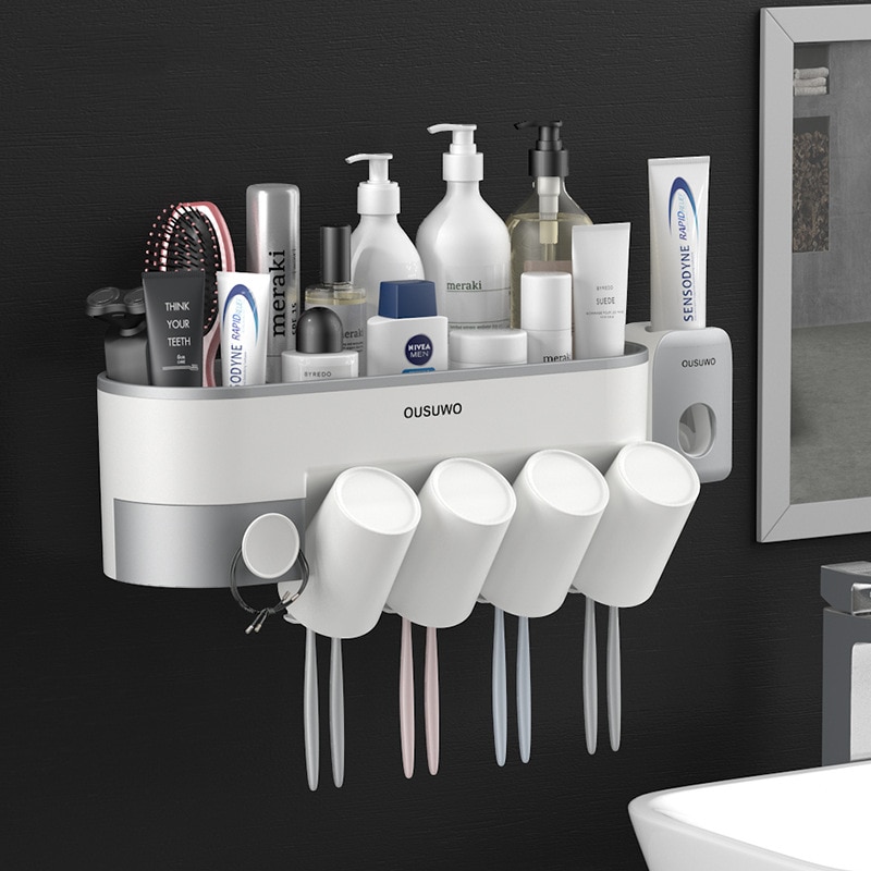 Badkamer Accessoires Sets Magnetische Tandenborstelhouder Met Cup Tandpasta Dispenser Toiletartikelen Magazijnstelling Tandpasta Knijper
