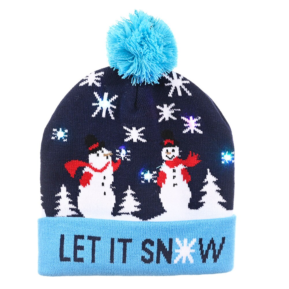 Färgglada led-ljus jul hatt snögubbe tecknad mönster lysande stickad mössa mössa för barn vuxna xmas festival fest: 03