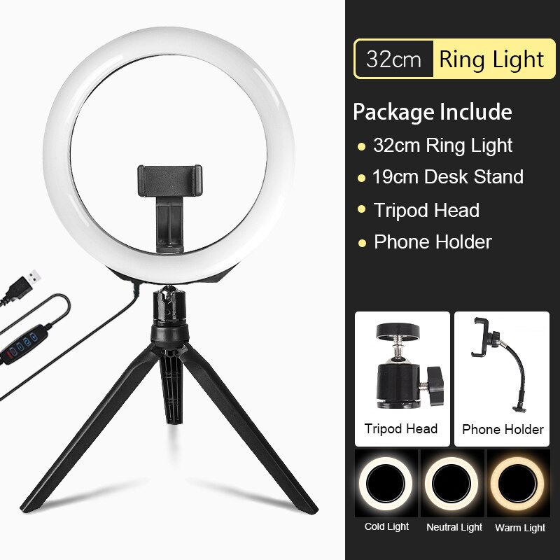 26cm led selfie fotografia luz para 10 ao vivo Polegada pode ser escurecido usb plug mesa anel luz tripés estúdio makeup16cm 20cm 32cm: 32CM Desk Light