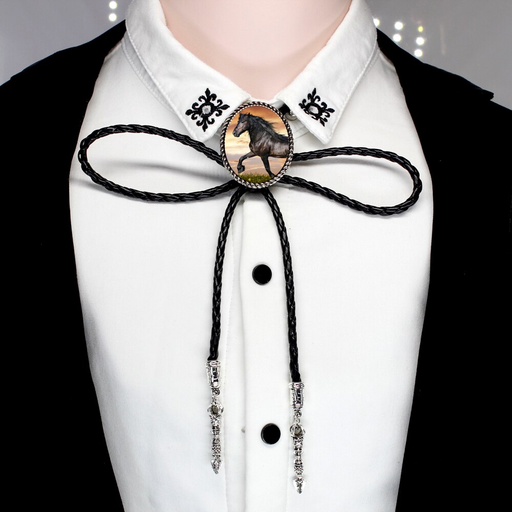 HZSHINLING Running Horse Bolo Tie Antique White Unicorn Horse glass photo cabochon Leather neck ties Necklace: 8