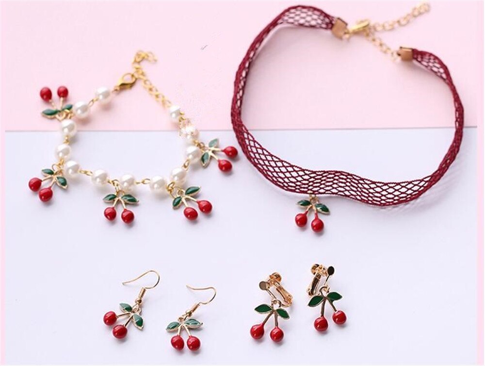 Joyería dulce perlas cuentas cadenas pulsera rojo cereza fruta dijes pulseras collar pendiente para mujeres niñas Gfits B853