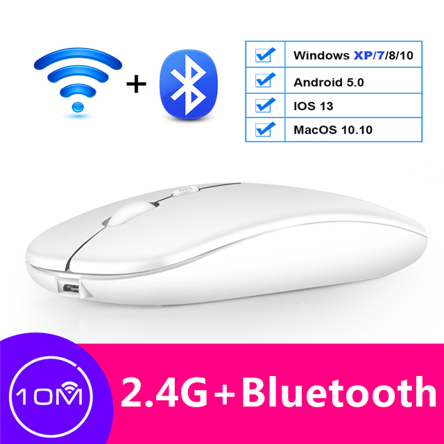 Draadloze Muis Oplaadbare Bluetooth Mouse Geruisloze Mause Wifi Muizen Usb Muizen Voor Pc Desktop Laptop Accessoires Ergonomische Muis: Bluetooth White