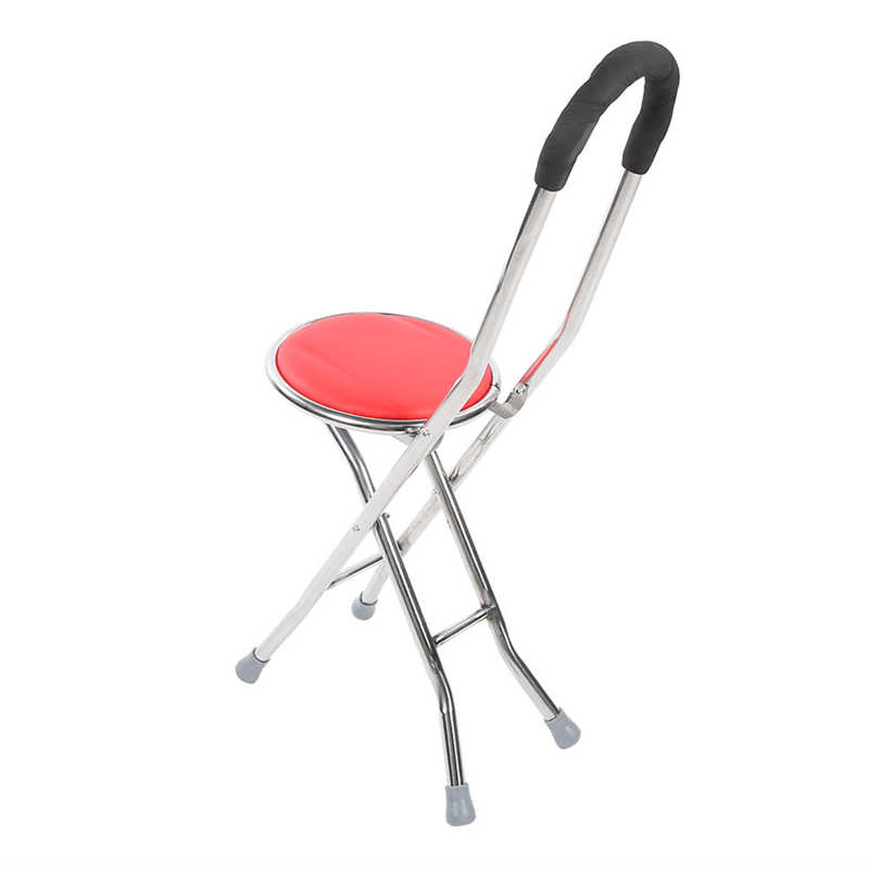 Non-Slip Folding Walking Cane Stool 1mm Thickness Stainless Steel Round Stool Elderly Walking Cane Red Mobility Aids