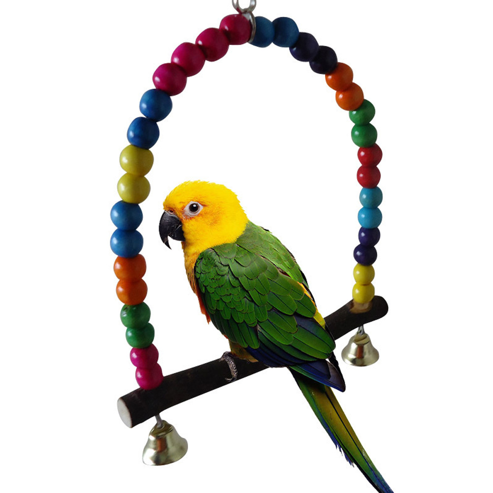 1pc papagaios de madeira natural brinquedo balanço pássaros colorido contas suprimentos de pássaro sinos brinquedos poleiro pendurado balanços gaiola para animais de estimação