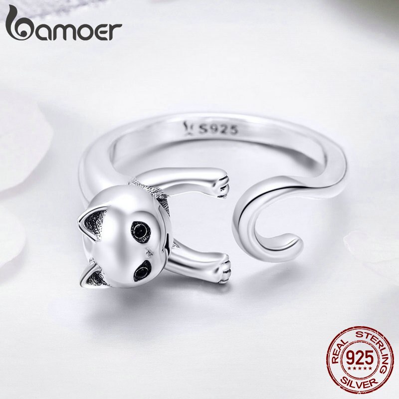 BAMOER Echtem 925 Sterling Silber Lange Schwanz Frech Katze Finger Ringe für Frauen Einstellbare Größe Sterling Silber Schmuck SCR409