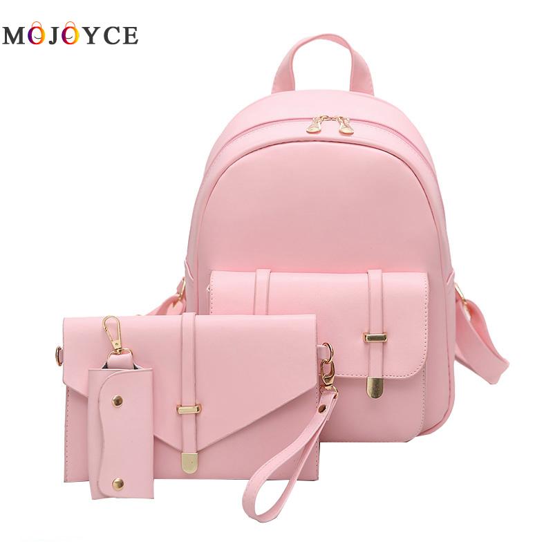 3 teile/satz Classics Fshion PU Leder Frauen Rucksack Mädchen Solide Schulter Weibliche Mini Rucksack Dame Composite Tasche Mochila Feminina: Rosa