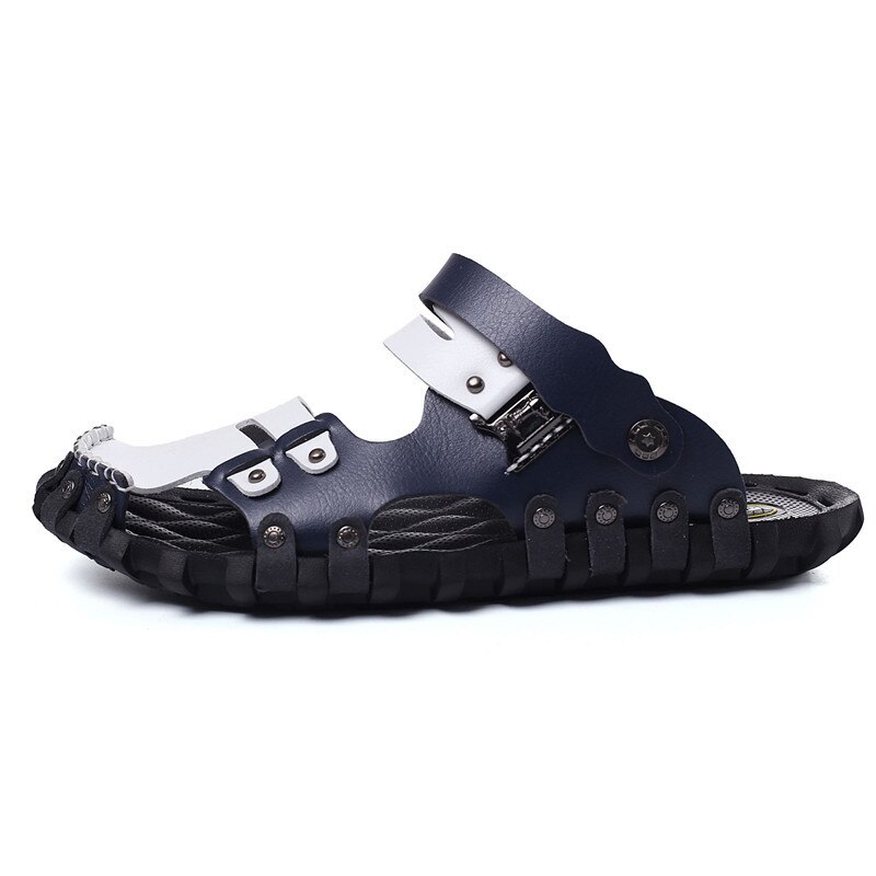 Dadijier stil mand sandaler afslappet flade hæle spilit læder mandlige retro strand tøfler herre romerske sommersko  st96: Blå / 8