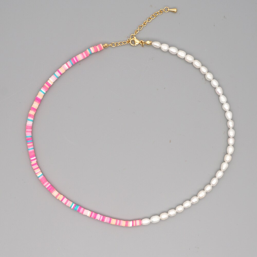 Go2 boho zoetwaterparels kettingen voor dames, sieraden van polymeerklei, heishi, 4mm kralen, handgemaakte choker, roestvrijstalen ketting: Zz -n200033e