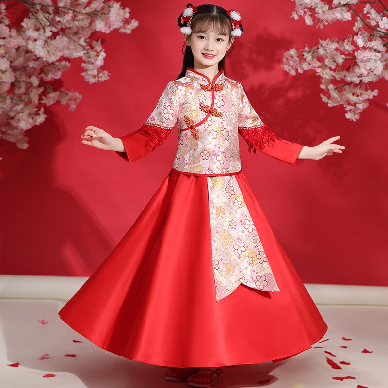 Hanfu-vestido tradicional chino para niña, traje Tang rojo, ropa de Otoño/Invierno para niños mayores de 8 años, ropa de Año: Top and skirt / 130cm