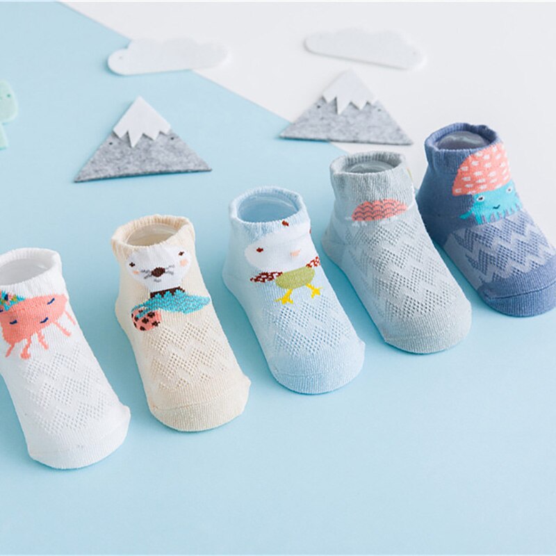 Chaussettes d'été en coton pour enfants | 5 couleurs/lot, en maille, pour bébés garçons et filles, chaussettes à motif de dessin animé, chaussettes minces pour enfants