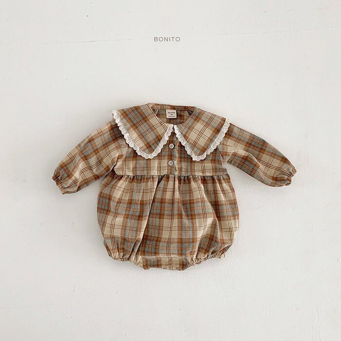 Herfst Baby Meisje Bodysuit Ruches Prinses Vintage Lange Mouwen Plaid Jumpsuit Baby Boy Kleding Kids Kleding: 7805khaki / 12m