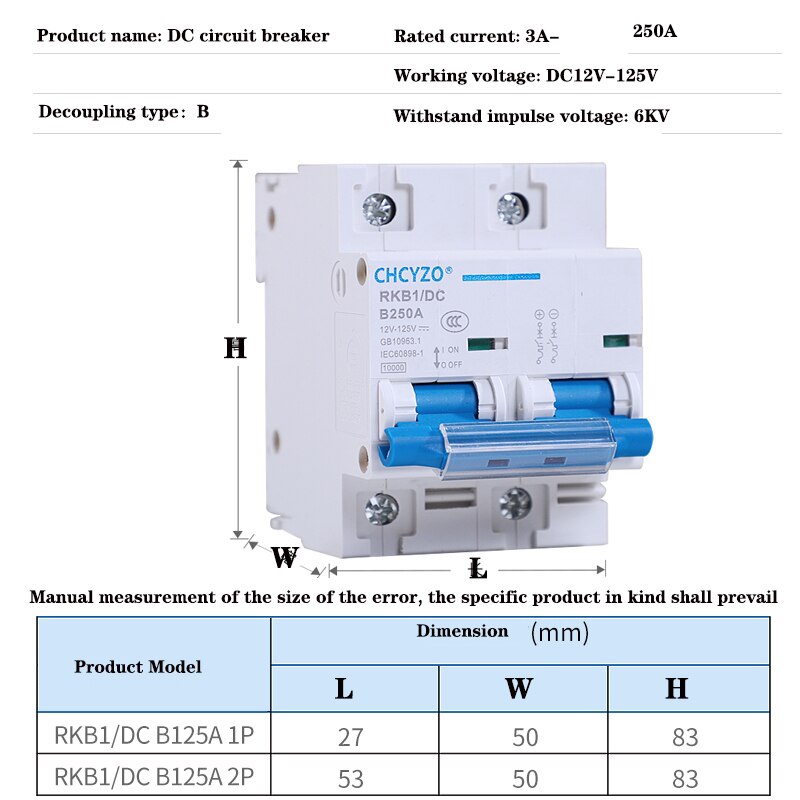 1P 2P DC 120V Circuit Breaker Solar Mini Circuit Breaker 80A 100A 125A 150A 200A 250A DC MCB for PV System DC Circuit Breaker