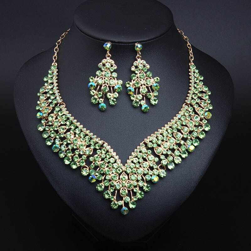 Red Rhinestone Earrings Necklace Set Jewelry Sets Women Gold Color Choker Bridal Wedding Party Costume Accessories: Green