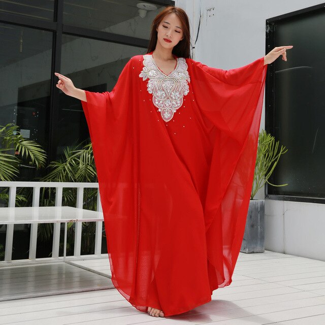 Ropa de baile para mujer ropa de danza del vientre vestido caftán con lentejuelas de gasa tradicional Khaleeji Thobe vestidos: Red