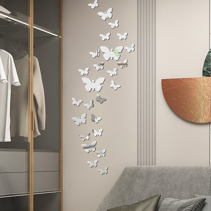 25 Stuks 3D Spiegels Zilveren Vlinder Muurstickers Decal Muur Art Verwisselbare Kamer Party Bruiloft Aet Decals Woondecoratie
