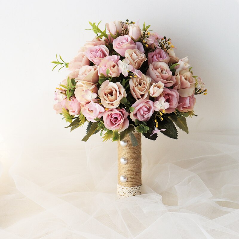 Artificial Natural Rose Wedding Bouquet with Silk Satin Ribbon Pink White Champagne Bridesmaid Bridal Party Holding Flowers: 04