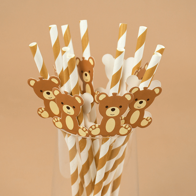 Pailles en papier ours en peluche pour enfants, ours mignon, marron, rose, poulet, paille à boire, anniversaire, fête préChristophe, fournitures de décoration, 20 pièces